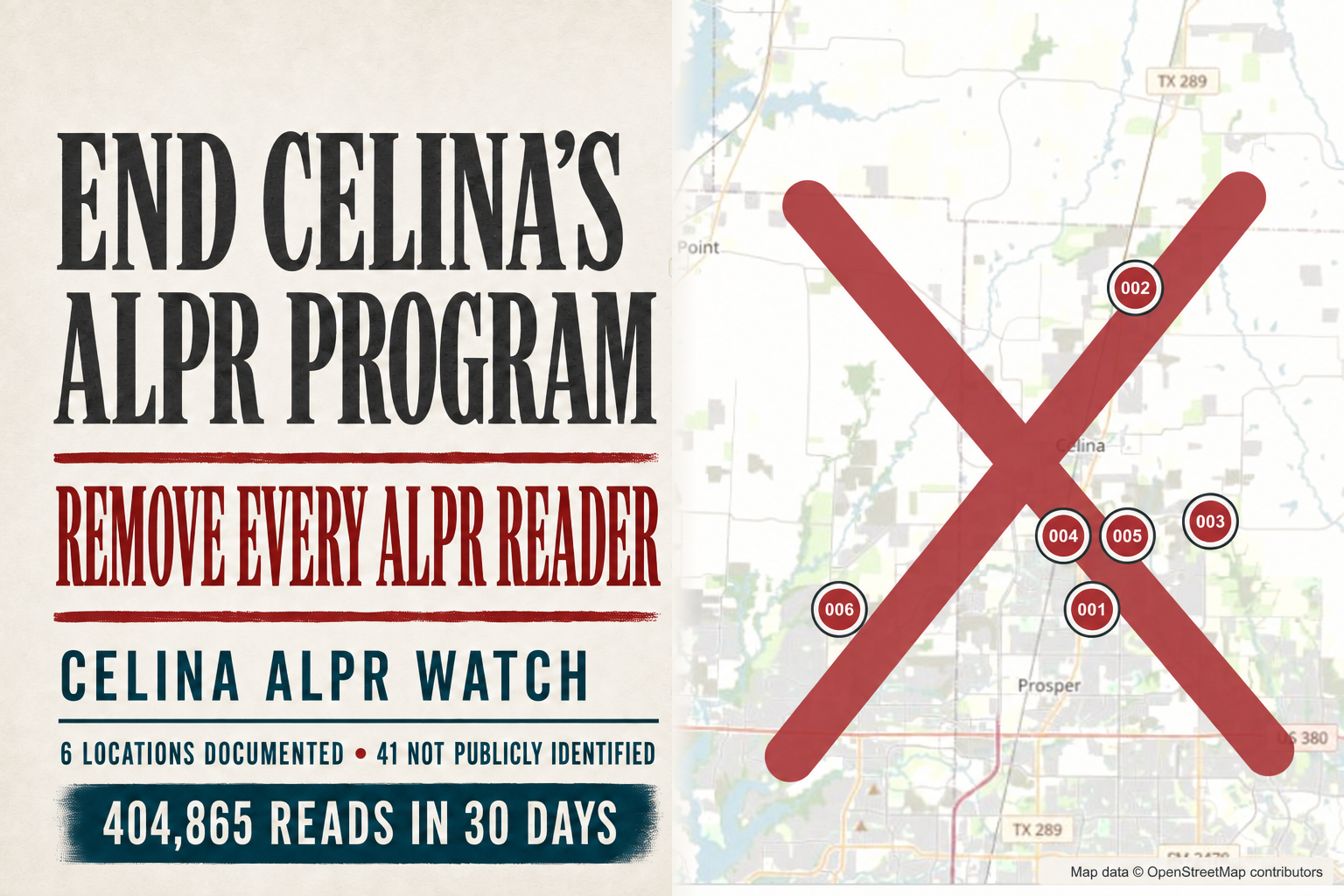 Campaign graphic calling for Celina to end its ALPR program and remove every ALPR reader